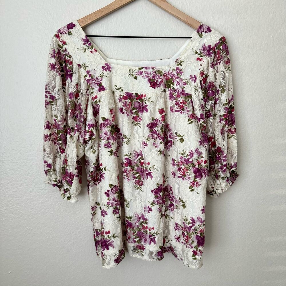 Vintage North Style White Lace Floral Lined  Blouse Cottagecore Women's Medium